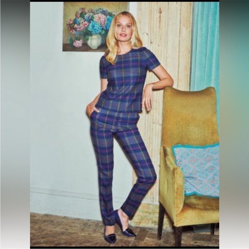 Boden Blue Plaid Straight-Leg Jumpsuit
